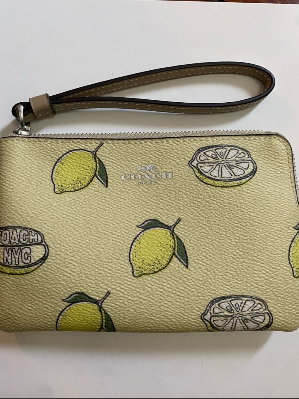 Coach Yellow Lemon Print Leather Wristlet with Strap
